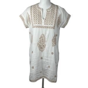 ROLLER RABBIT White Dress Embroidery 100% Cotton Short Sleeve Boho Cottage XS